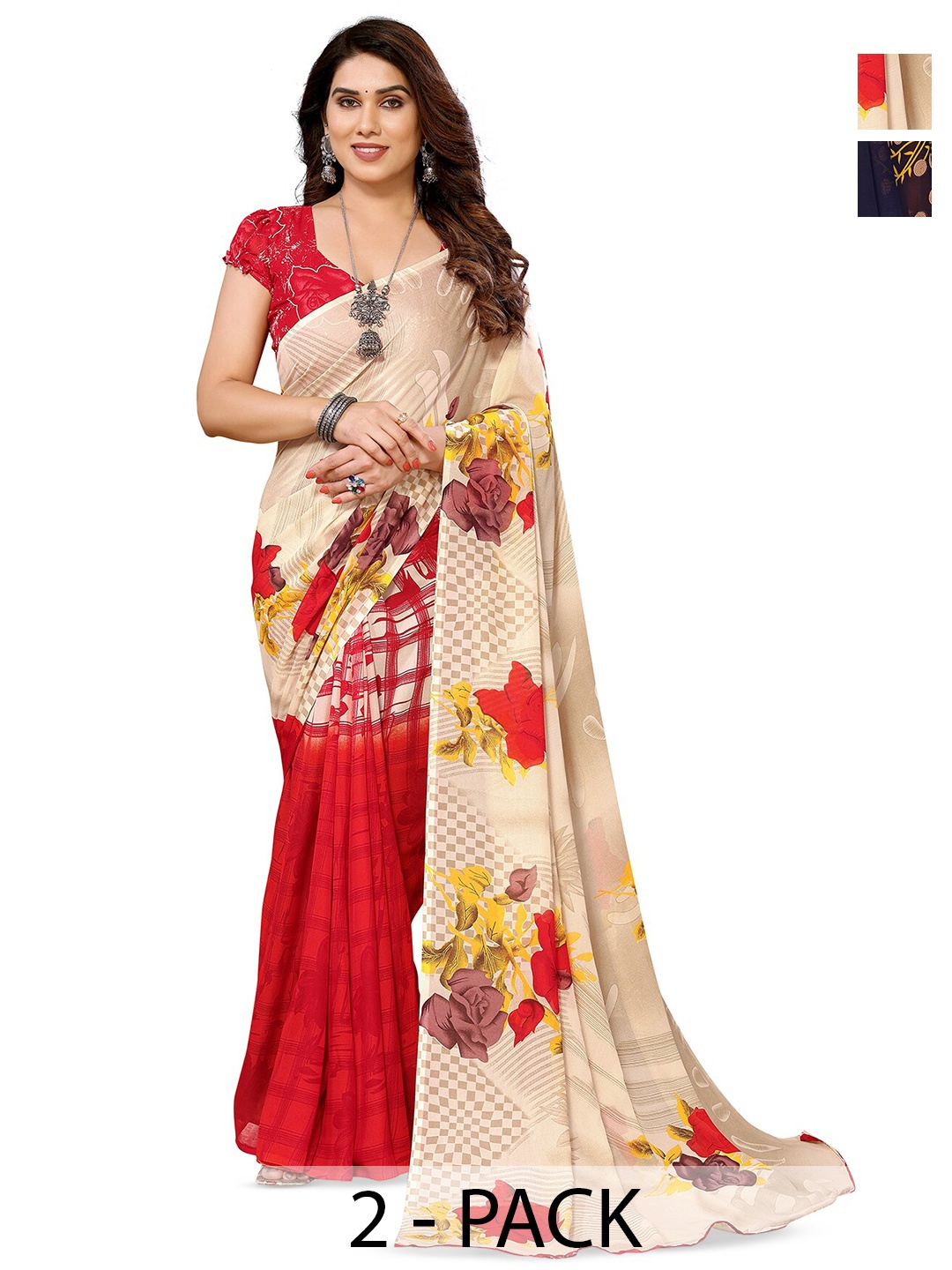 

ANAND SAREES Selection Of 2 Floral Printed Saree, Red