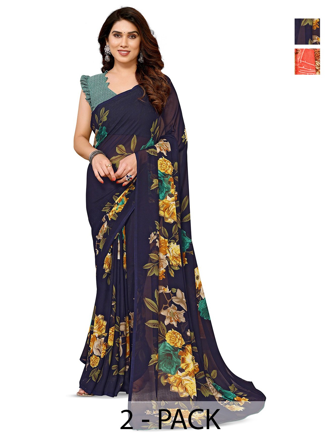 

ANAND SAREES Selection Of 2 Floral Printed Georgette Sarees, Navy blue