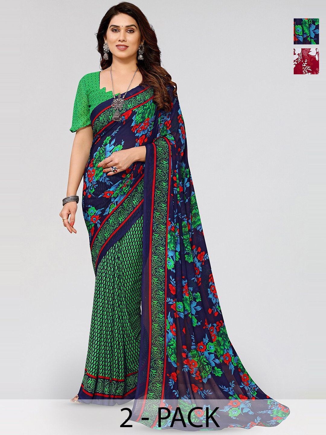 

ANAND SAREES Selection of 2 Printed Georgette Saree, Navy blue