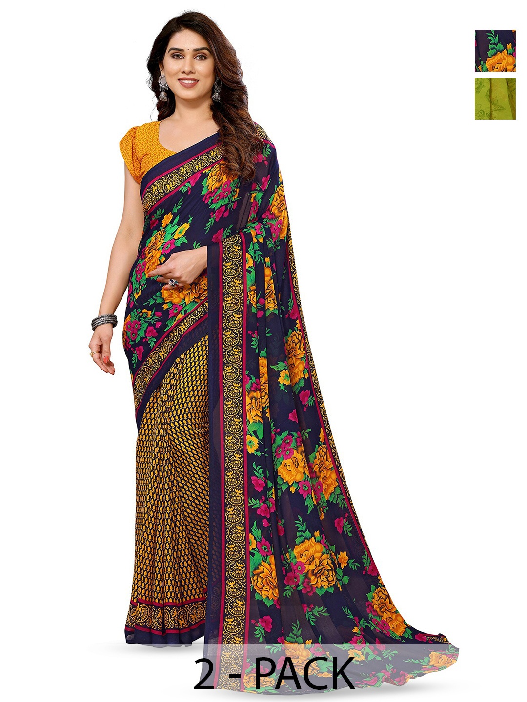 

ANAND SAREES Selection Of 2 Floral Printed Saree, Green