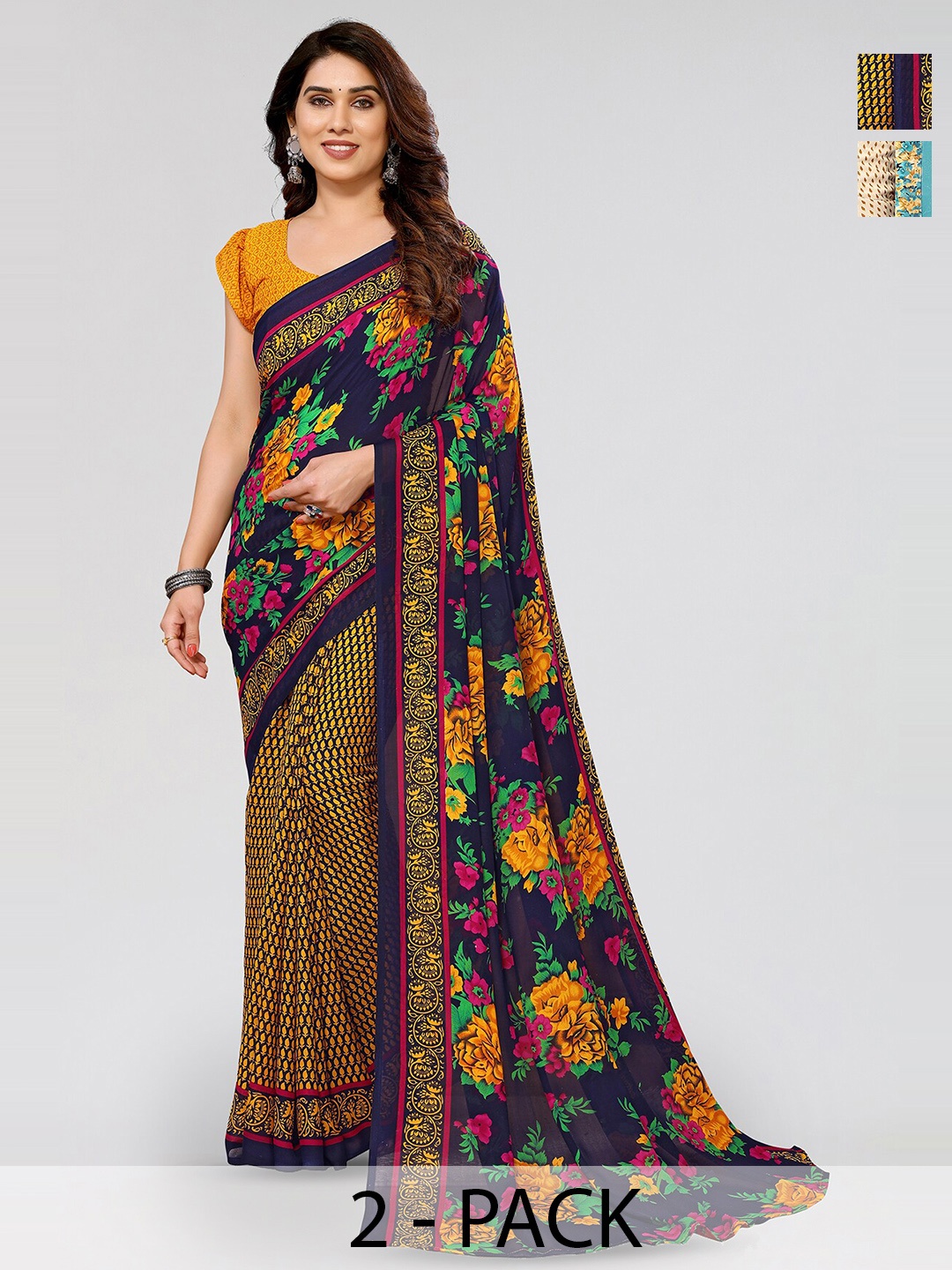 

ANAND SAREES Selection Of 2 Floral Printed Sarees, Cream