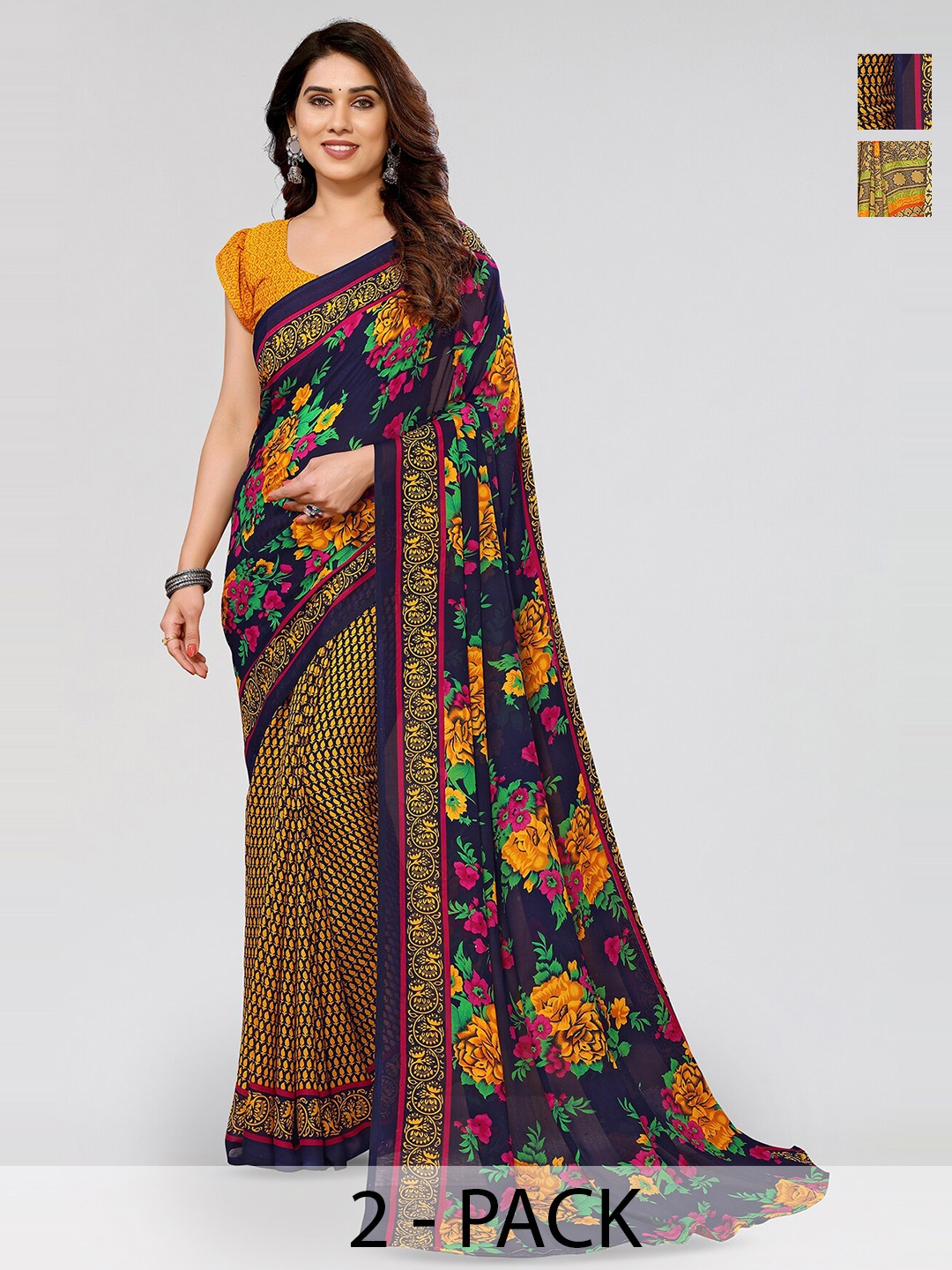 

ANAND SAREES Selection Of 2 Floral Printed Georgette Sarees, Navy blue