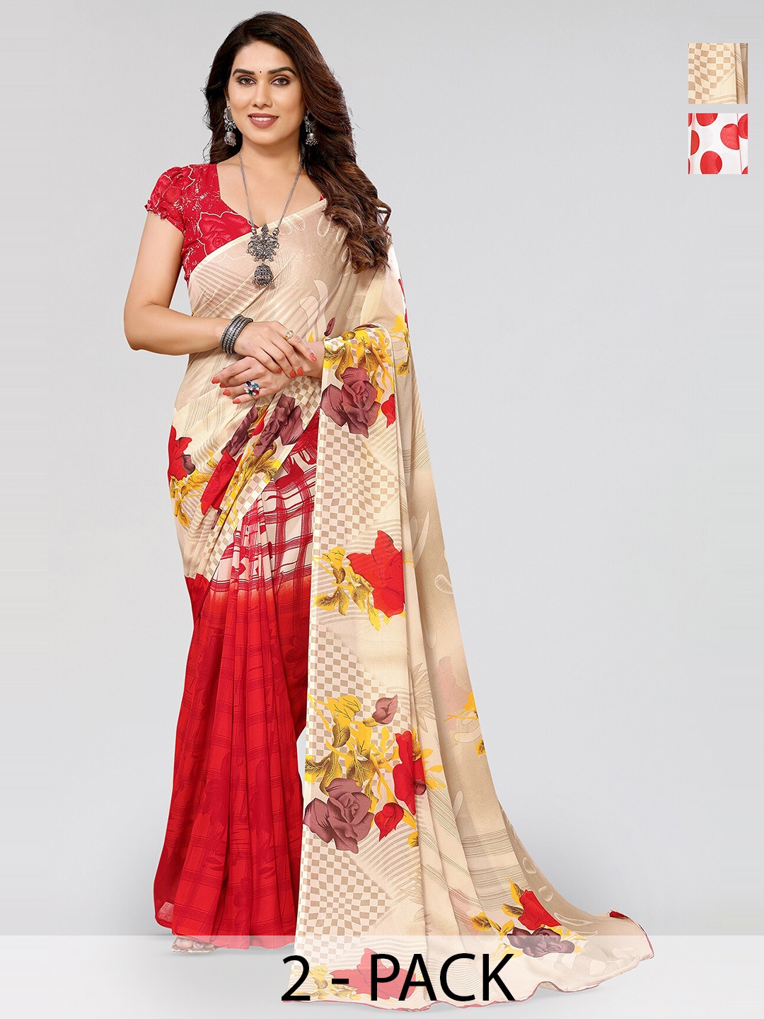 

ANAND SAREES Selection Of 2 Floral Printed Georgette Sarees, White