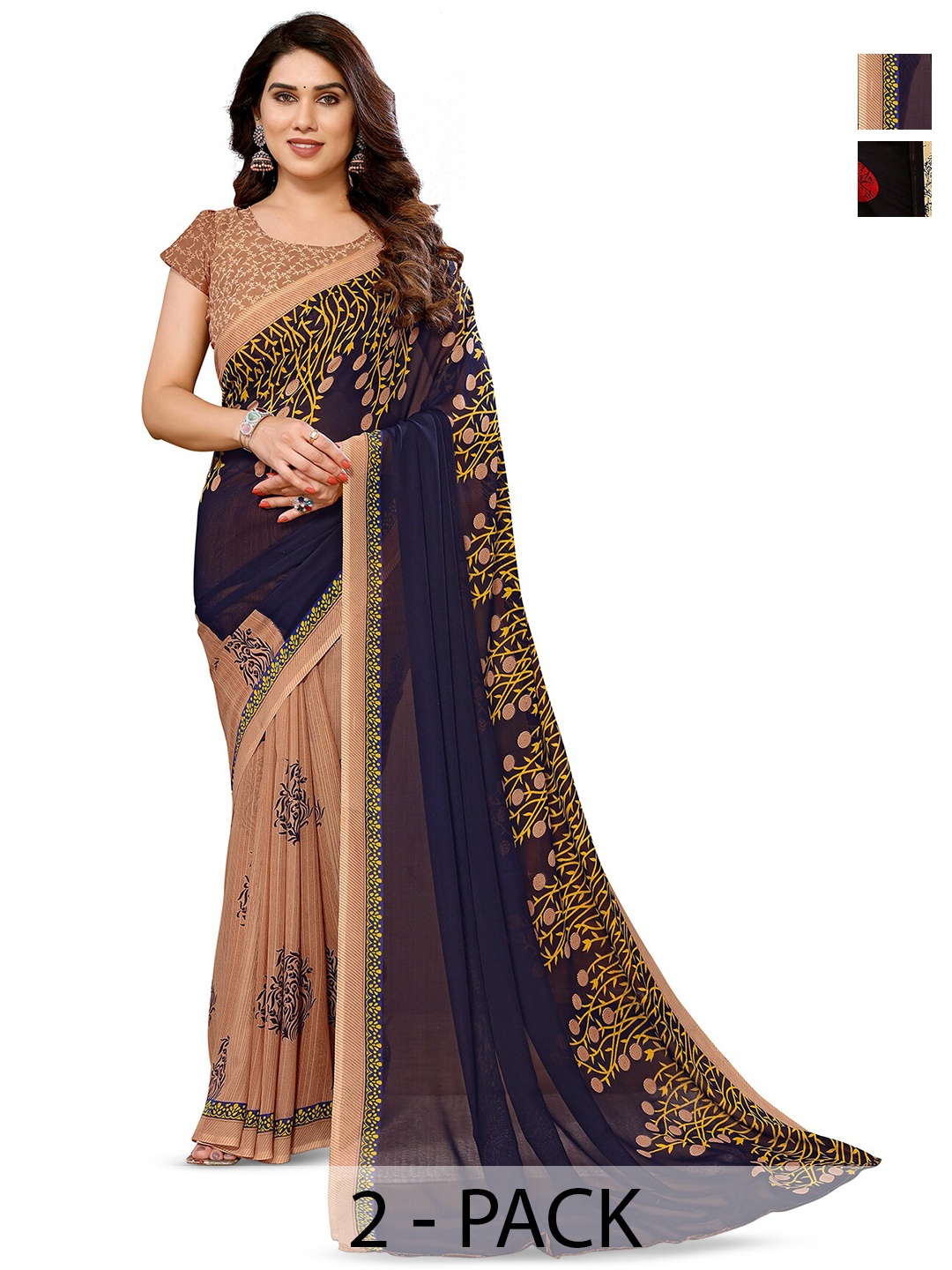

ANAND SAREES Selection Of 2 Floral Printed Sarees, Navy blue