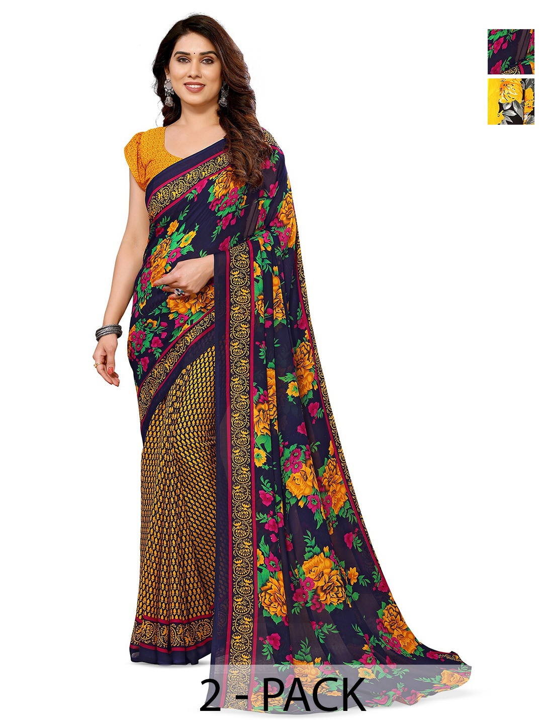 

ANAND SAREES Selection Of 2 Floral Printed Sarees, Navy blue