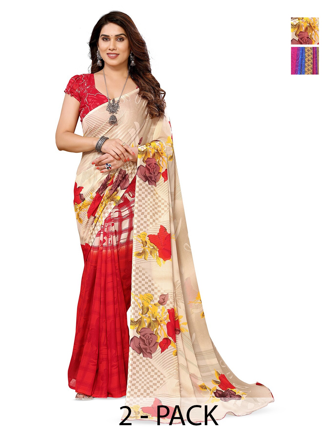 

ANAND SAREES Selection of 2 Printed Georgette Saree, Red