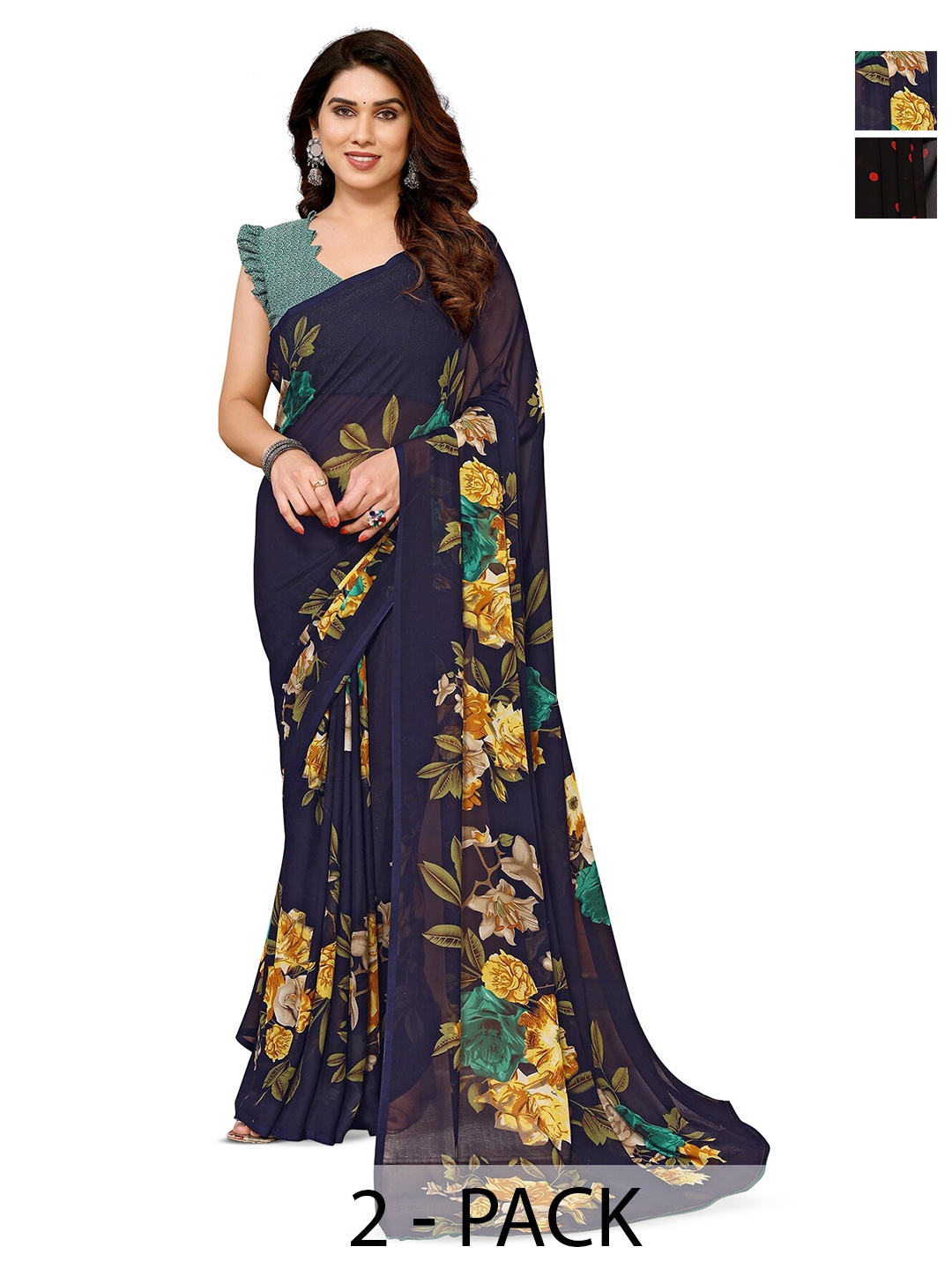 

ANAND SAREES Selection Of 2 Printed Sarees, Black