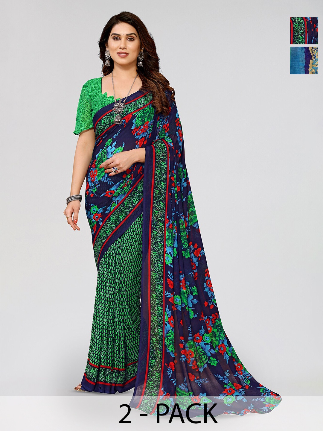 

ANAND SAREES Selection of 2 Floral Printed Saree, Green