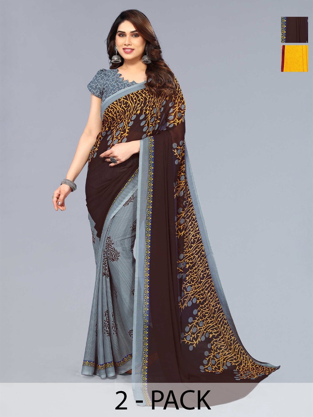 

ANAND SAREES Selection Of 2 Floral Printed Sarees, Grey