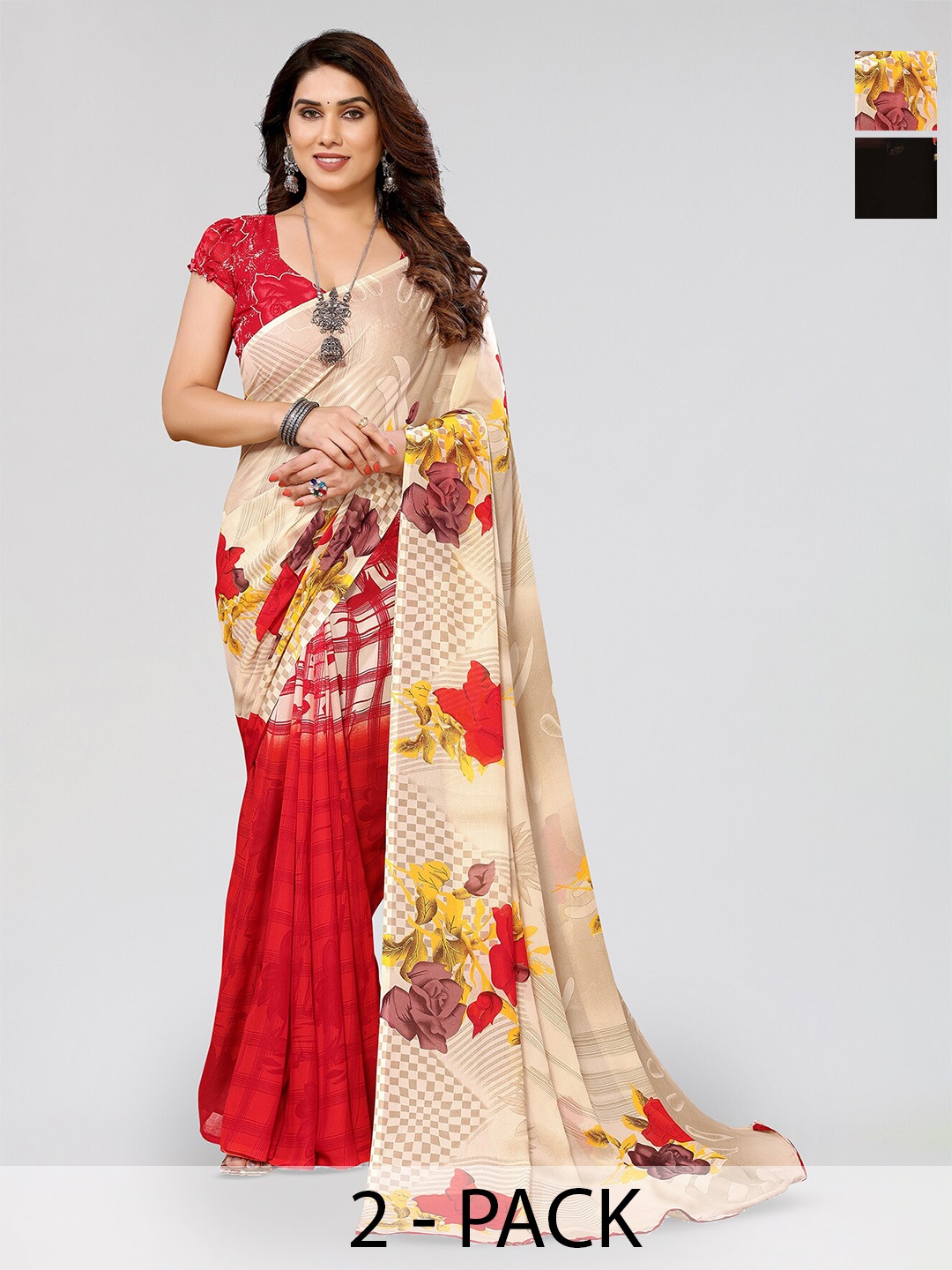 

ANAND SAREES Selection Of 2 Printed Sarees, Black