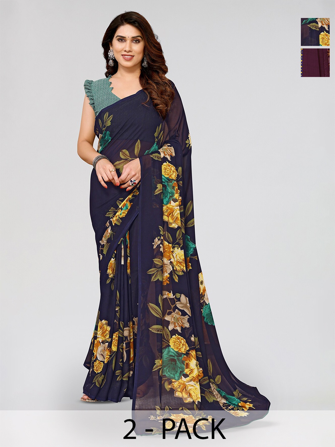 

ANAND SAREES Selection Of 2 Floral Printed Saree, Navy blue