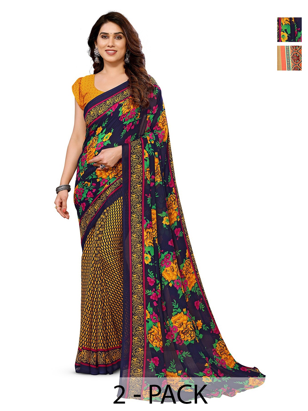 

ANAND SAREES Selection Of 2 Floral Printed Saree, Navy blue