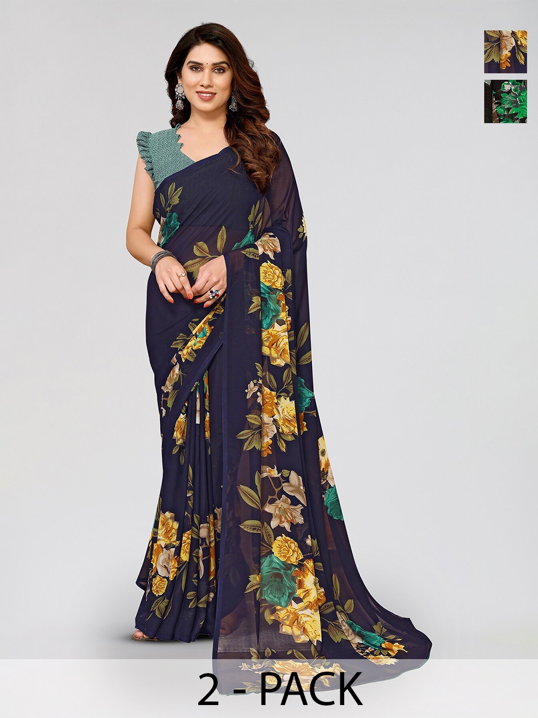 

ANAND SAREES Selection Of 2 Floral Printed Sarees, Black