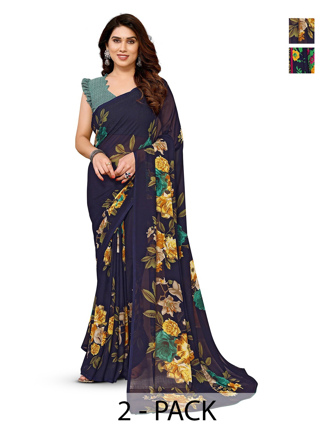 

ANAND SAREES Selection of 2 Floral Printed Saree, Navy blue