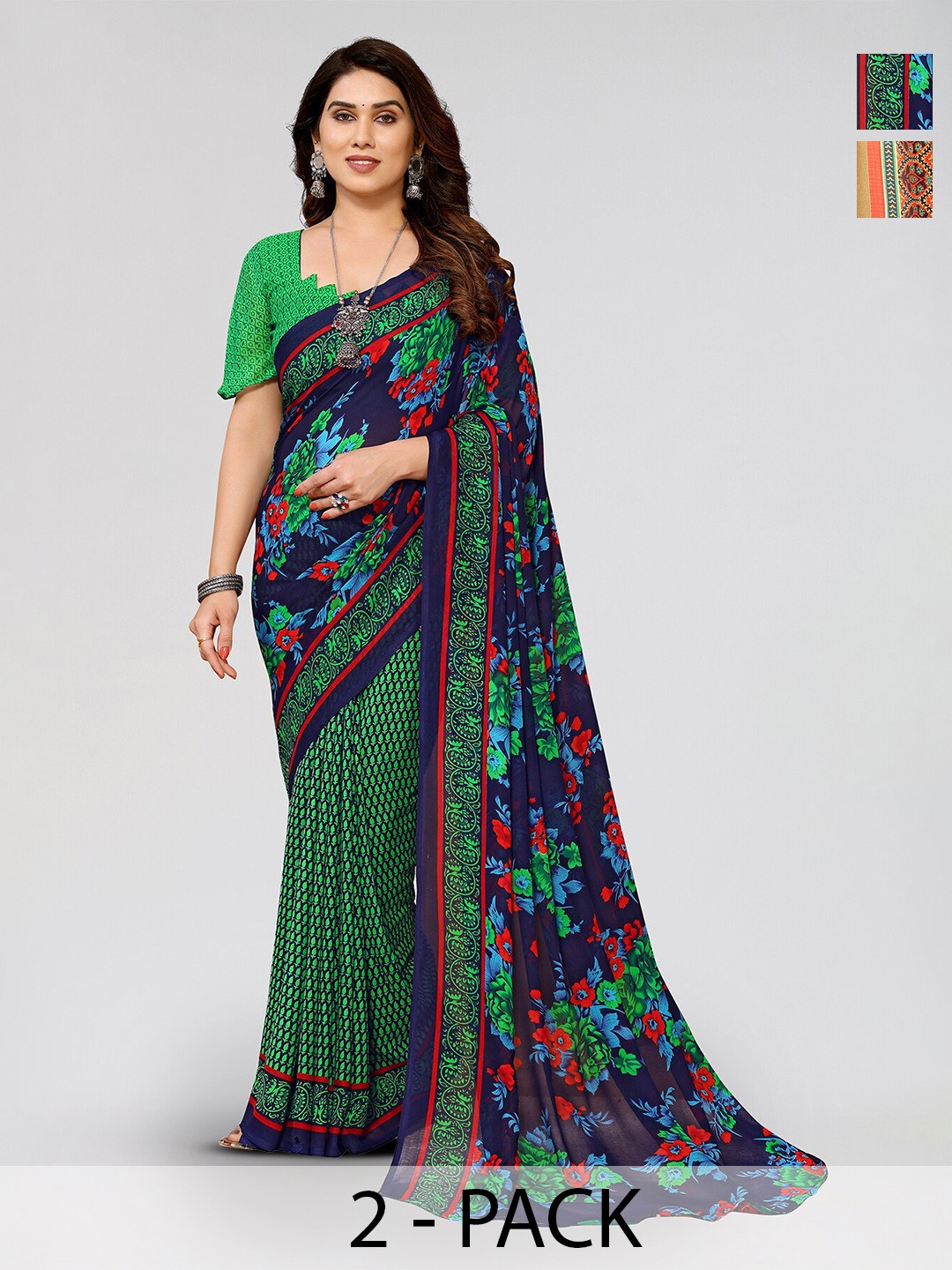 

ANAND SAREES Selection Of 2 Floral Printed Sarees, Navy blue