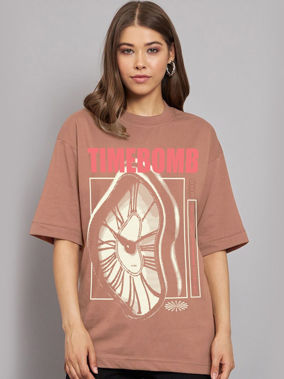 

JUNEBERRY Graphic Printed Drop Shoulder Sleeves Pure Cotton Oversized T-shirt, Brown