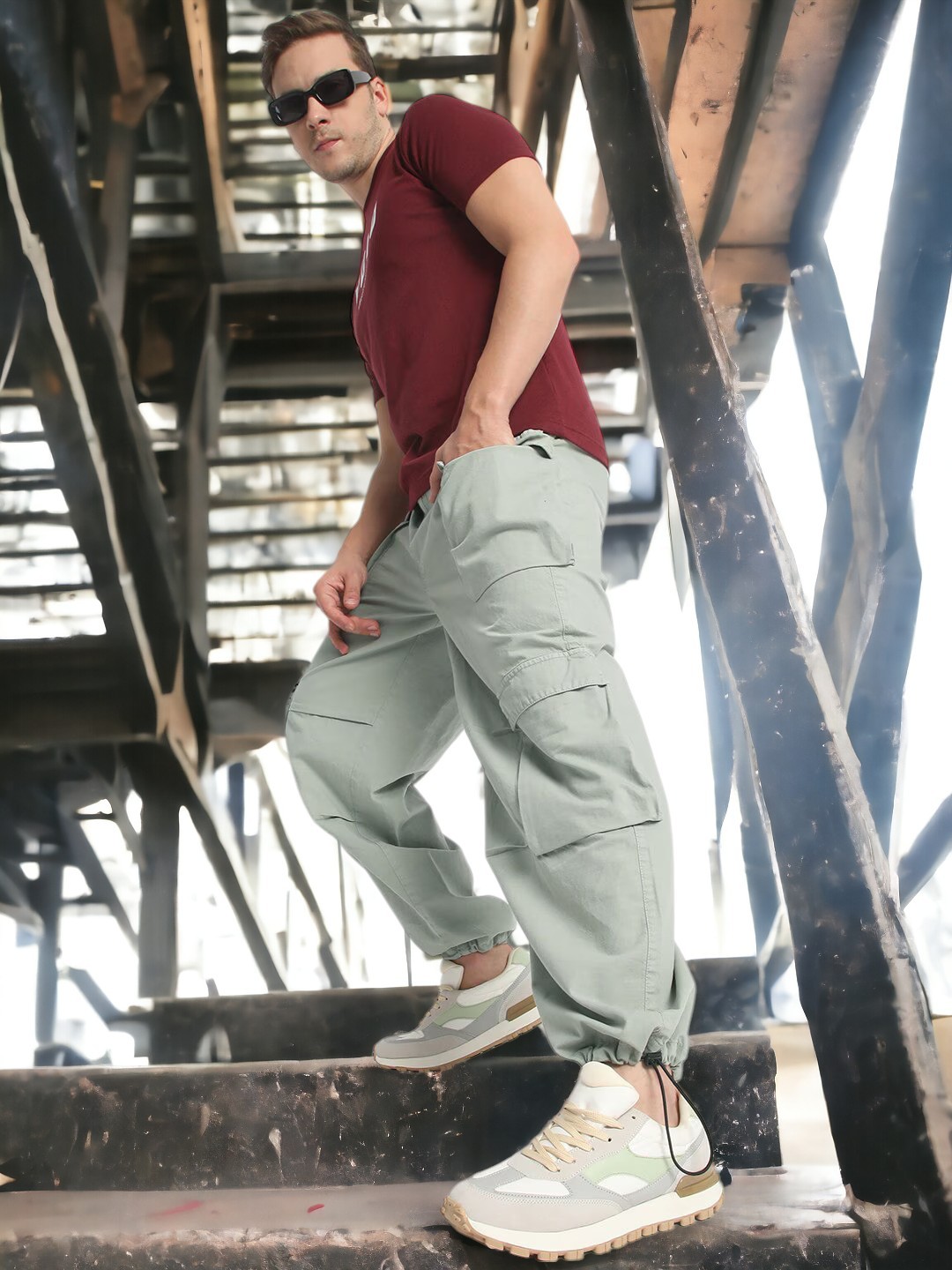 

Bene Kleed Men Parachute fit Pure Cotton Cargo Trousers, Grey