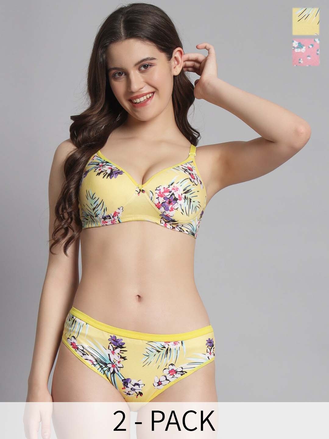 

Extoes Pack of 2 Printed Cotton Padded Lingerie Set, Yellow