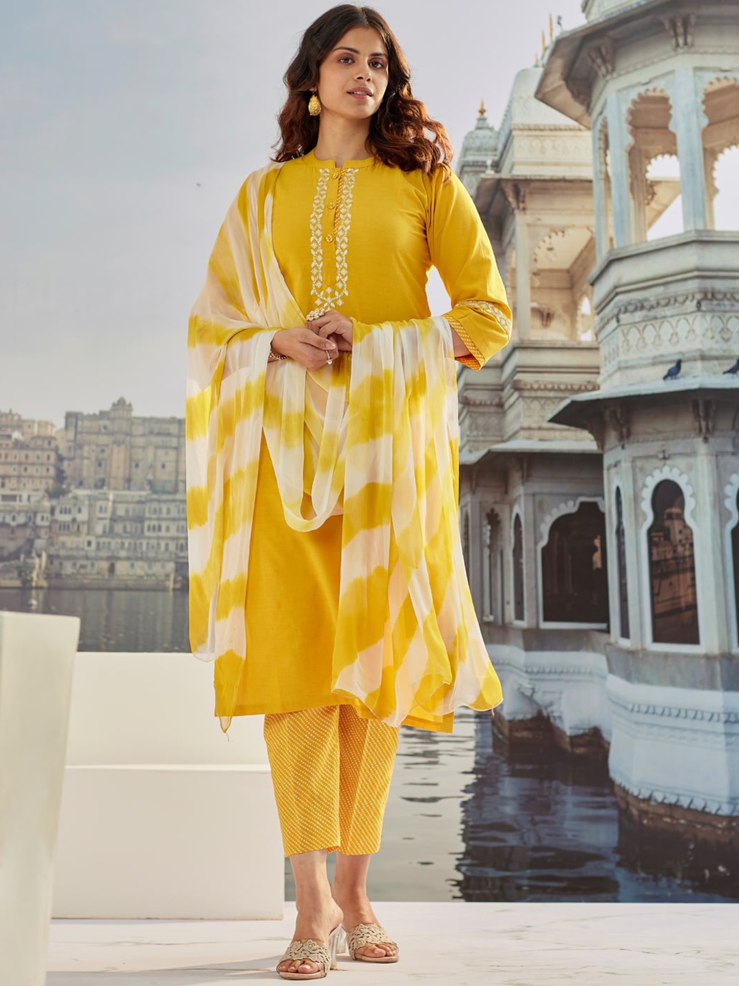 

WOMEN PLUS Regular Thread Work Pure Cotton Kurta with Trousers & With Dupatta, Yellow