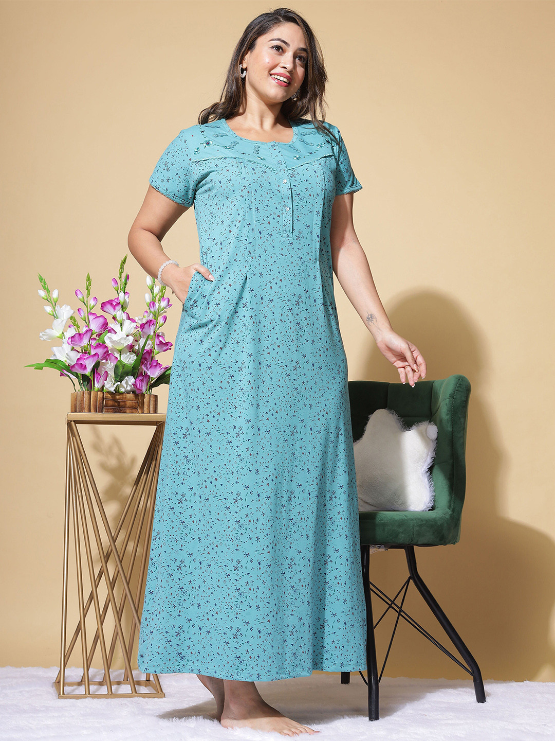 

9shines Label Printed Maxi Nightdress, Blue