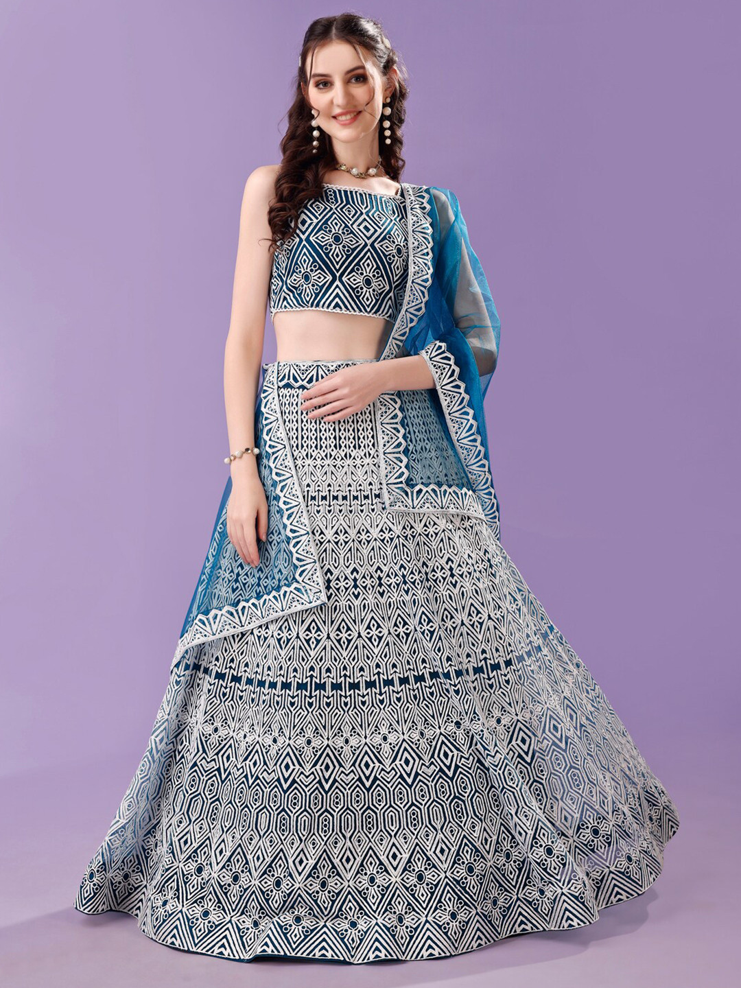 

Modestouze Attires Embroidered Thread Work Semi-Stitched Lehenga & Blouse With Dupatta, Teal