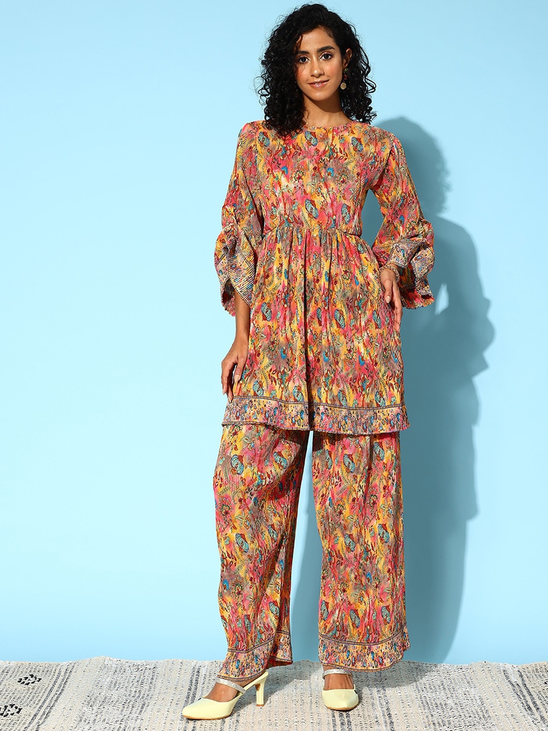 

Runway Dreams Printed Round Neck Longline Top & Mid-Rise Trousers Ethnic Co-Ords, Orange