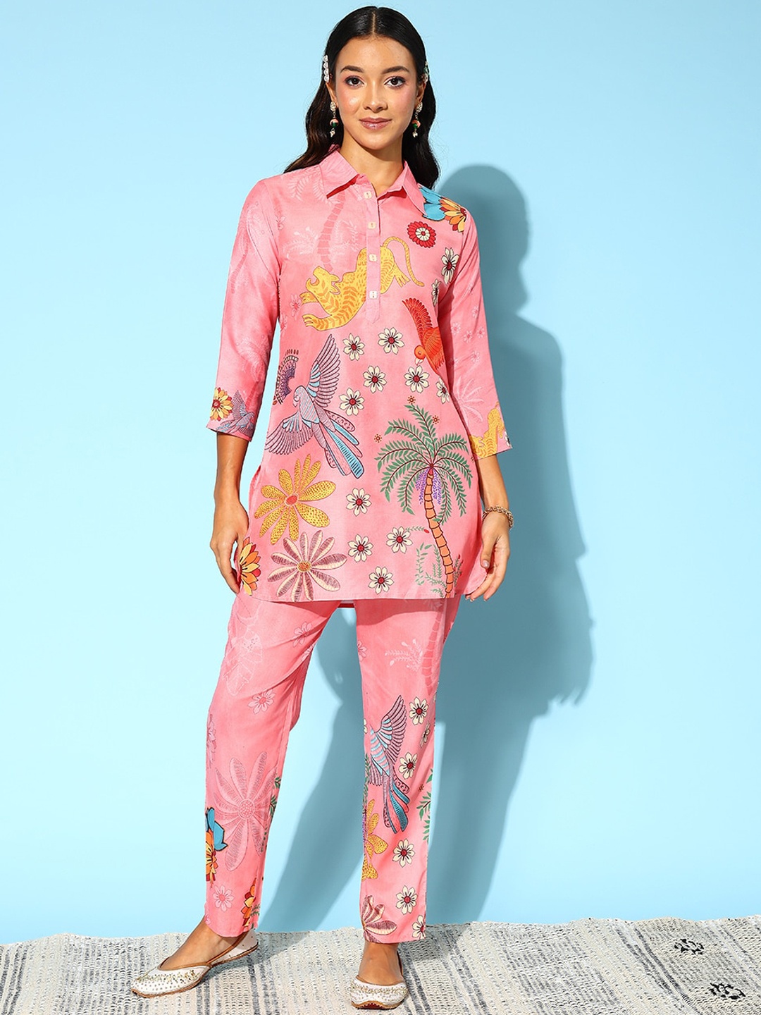 

Runway Dreams Printed Shirt Collar Top & Flared Trouser, Peach