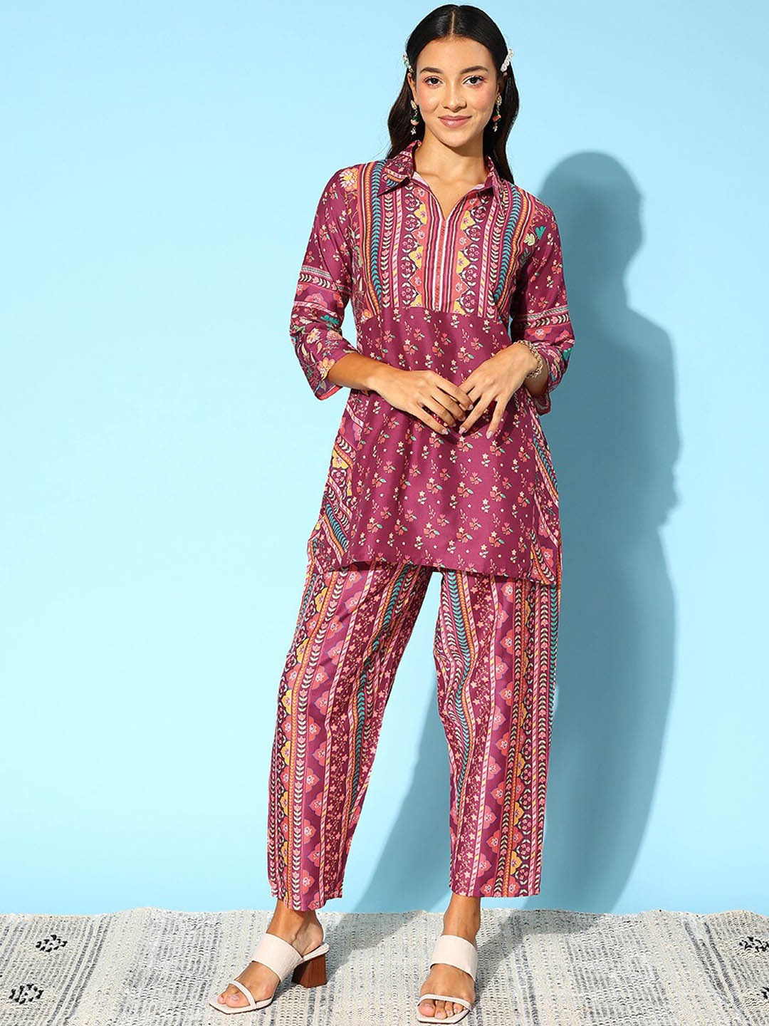 

Runway Dreams Printed Tunic & Trousers, Burgundy
