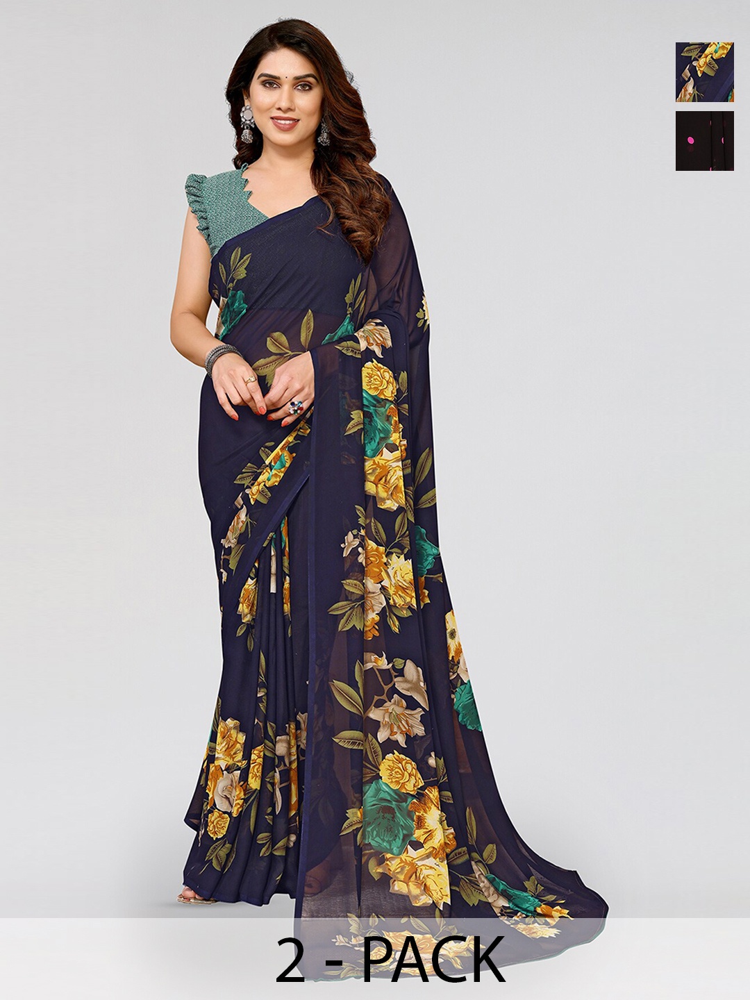 

ANAND SAREES Selection Of 2 Floral Printed Sarees, Navy blue