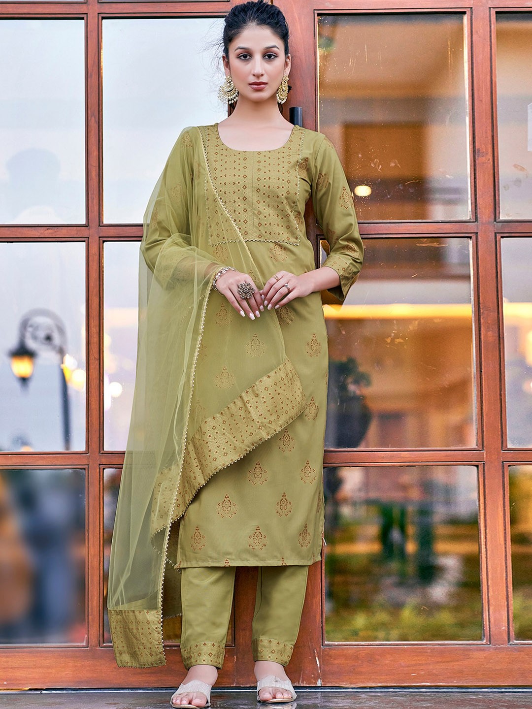 

KALINI Ethnic Motifs Foil Printed Thread Work Kurta with Trousers & With Dupatta, Khaki
