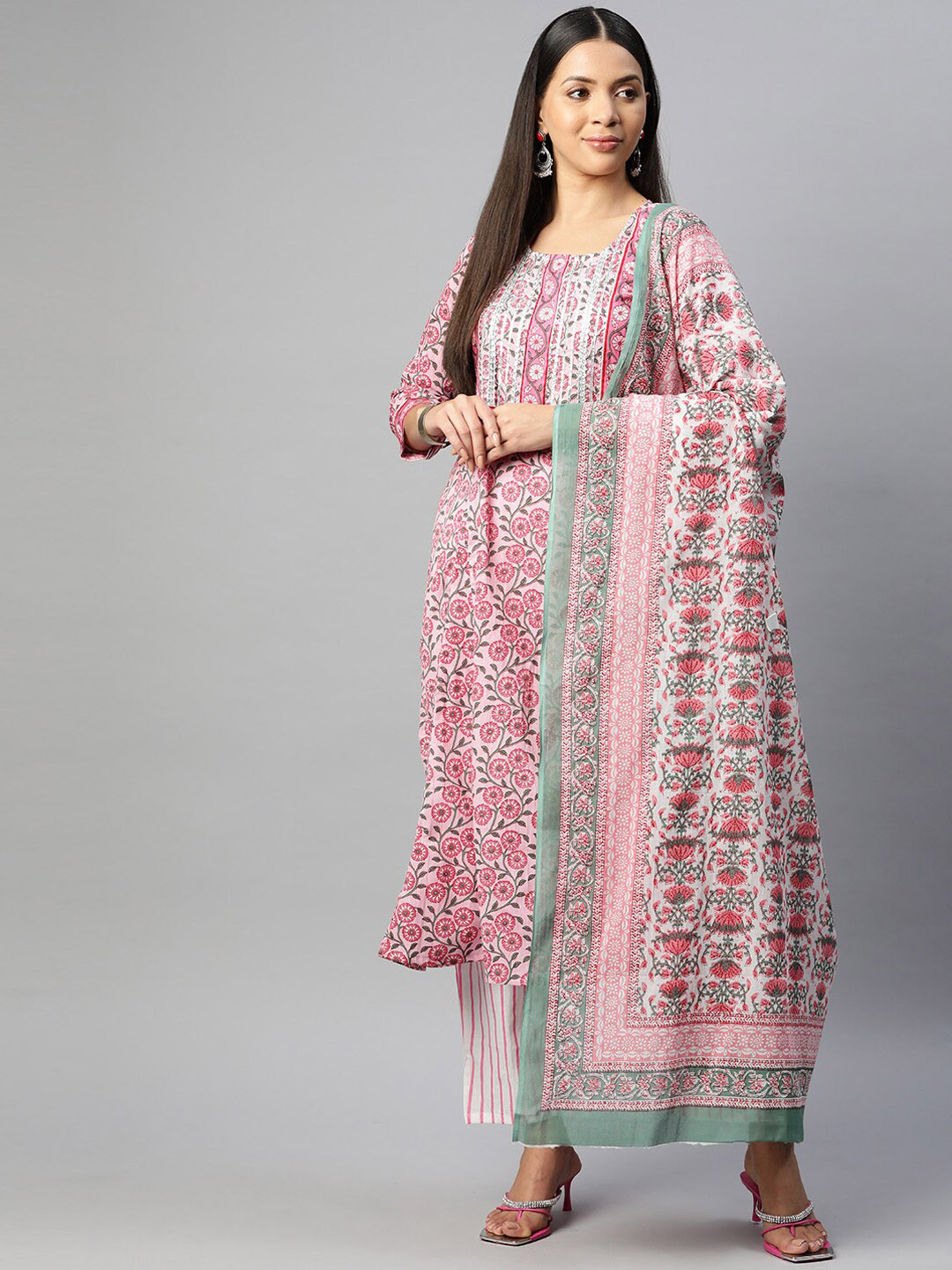 

KALINI Floral Printed Pure Cotton Kurta with Trousers & Dupatta, Pink