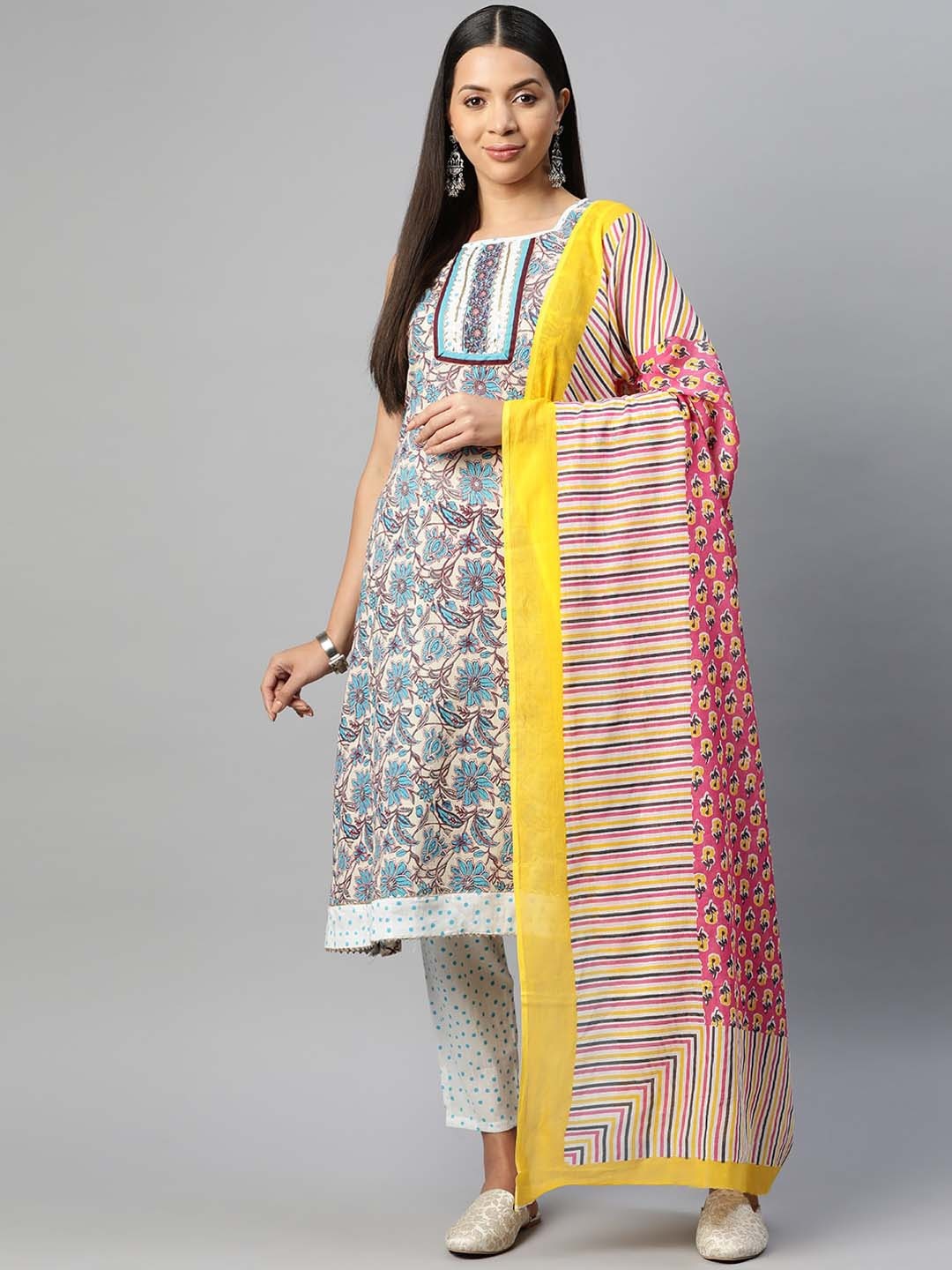 

KALINI Floral Printed Gotta Patti Pure Cotton Kurta with Trousers & Dupatta, Blue