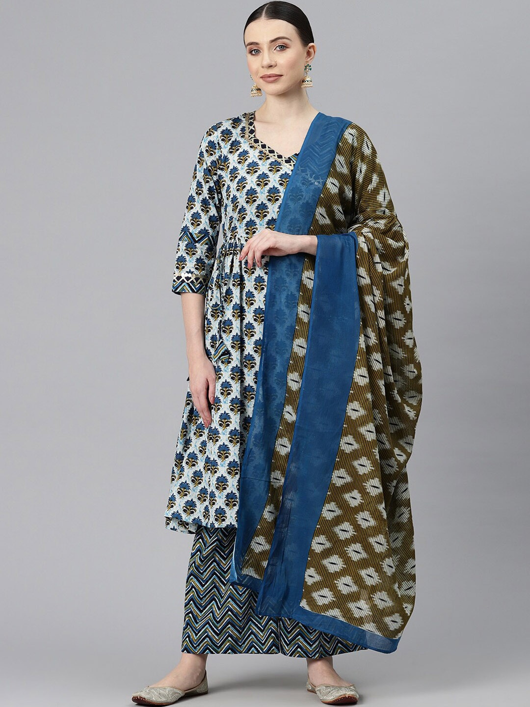 

KALINI Ethnic Motifs Printed Angrakha Sequinned Pure Cotton Kurta with Palazzos & Dupatta, Blue