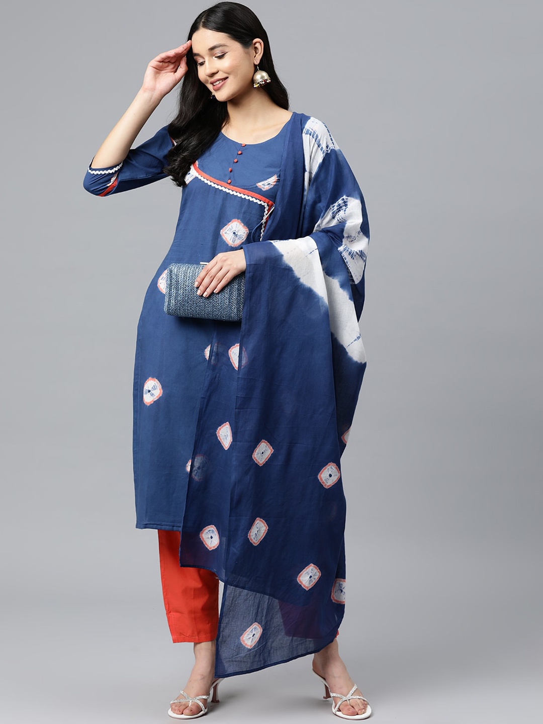 

KALINI Bandhani Printed Pure Cotton Kurta & Trousers With Dupatta, Navy blue