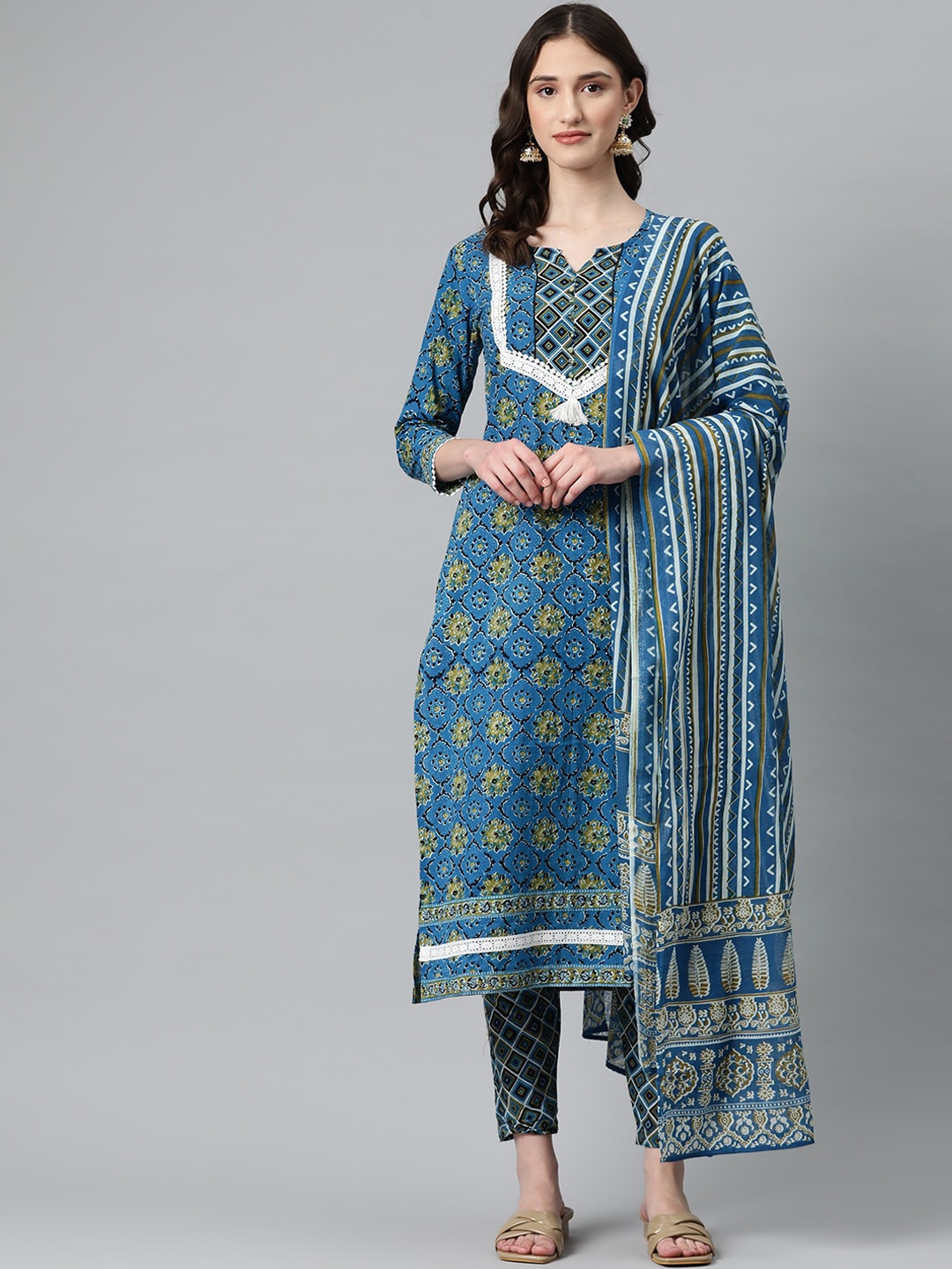 

KALINI Ethnic Motifs Printed Pure Cotton Kurta & Trousers With Dupatta, Blue