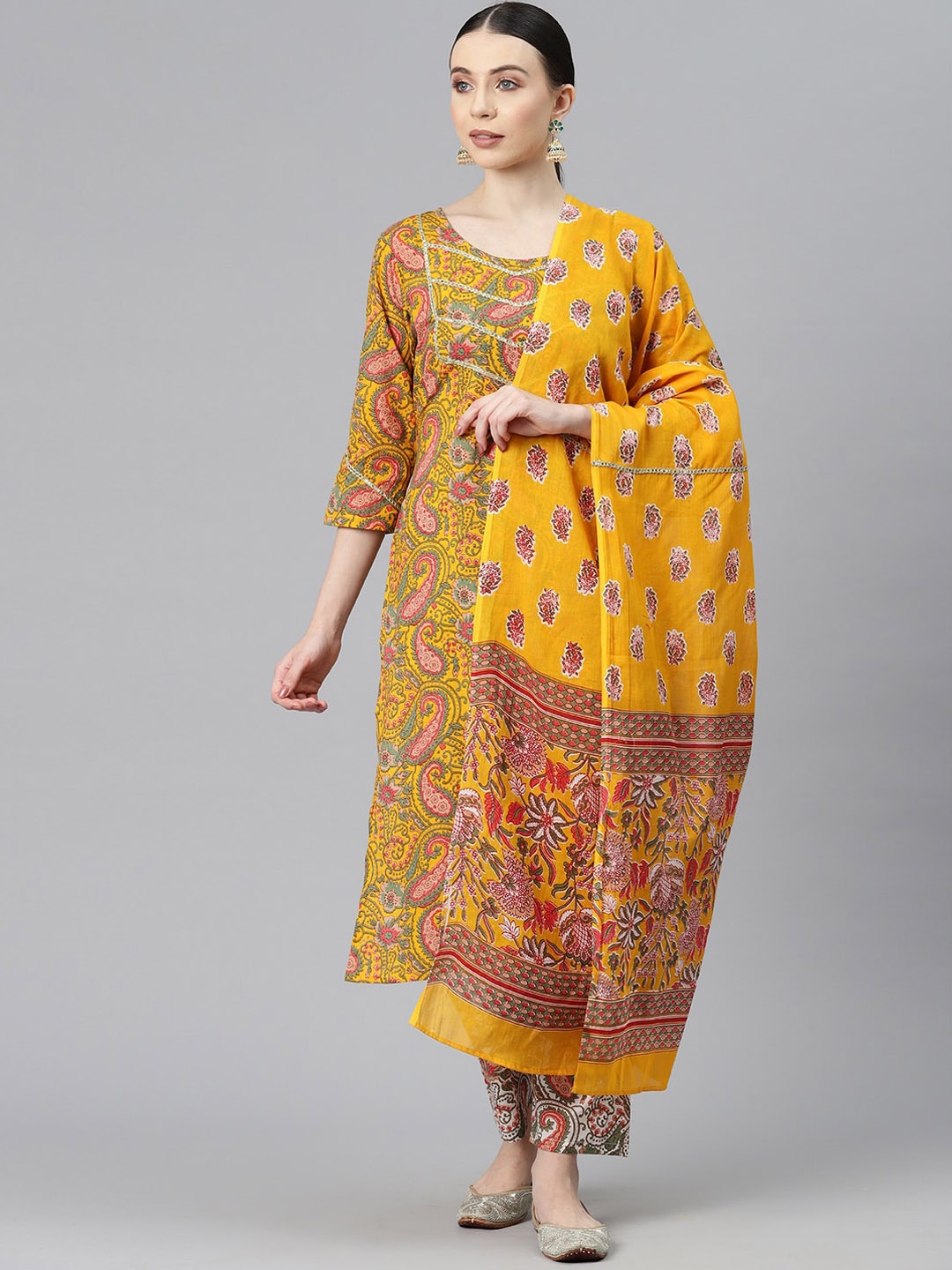 

KALINI Ethnic Motifs Printed Gotta Patti Pure Cotton Straight Kurta & Trouser With Dupatta, Yellow