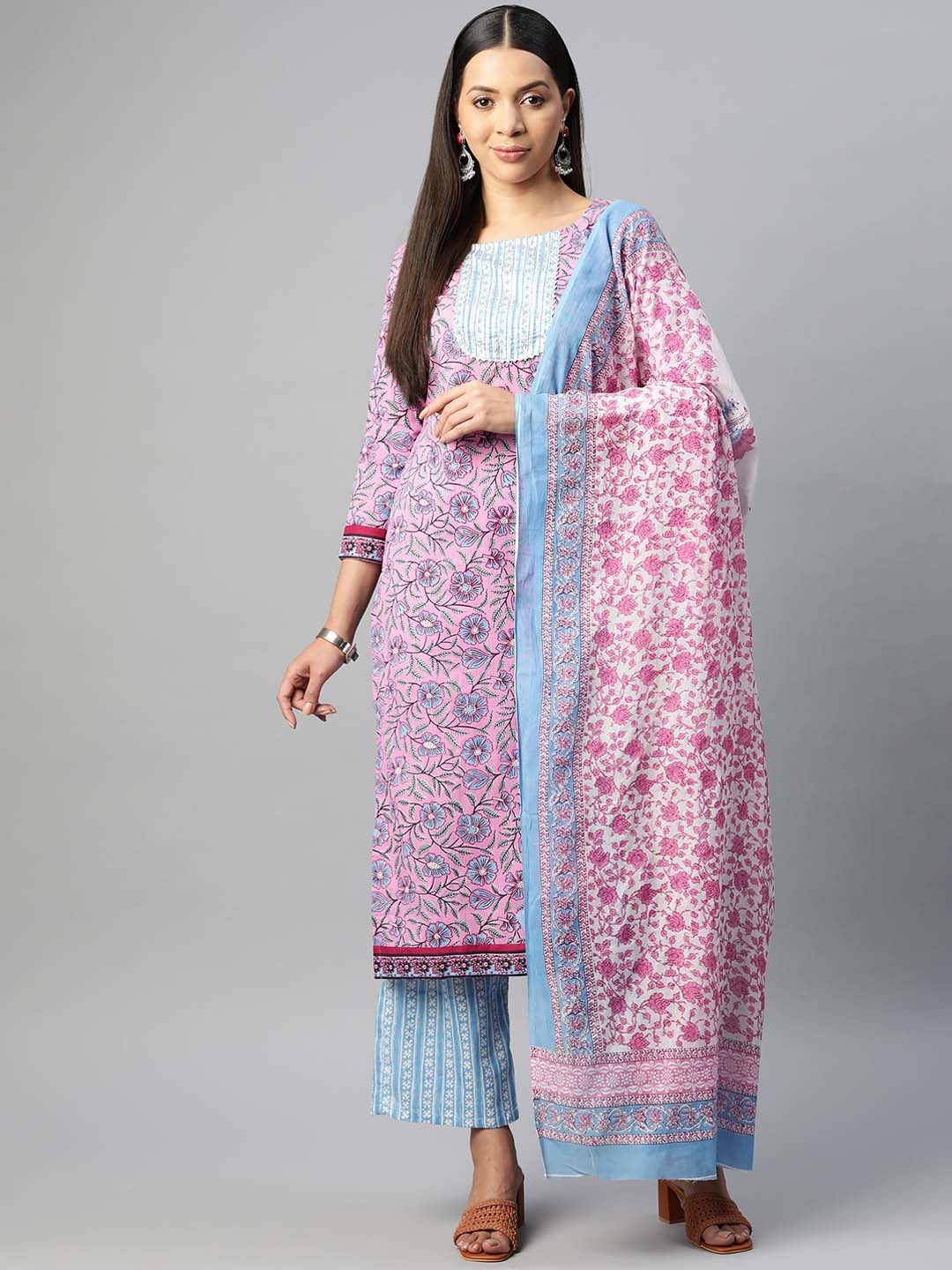 

KALINI Floral Printed Gotta Patti Pure Cotton Straight Kurta With Trouser & Dupatta, Pink