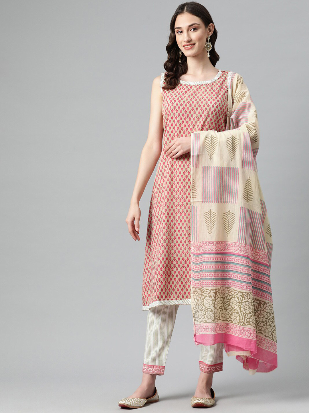 

KALINI Ethnic Motifs Printed Gotta Patti Cotton A-Line Kurta With Trouser & With Dupatta, Red
