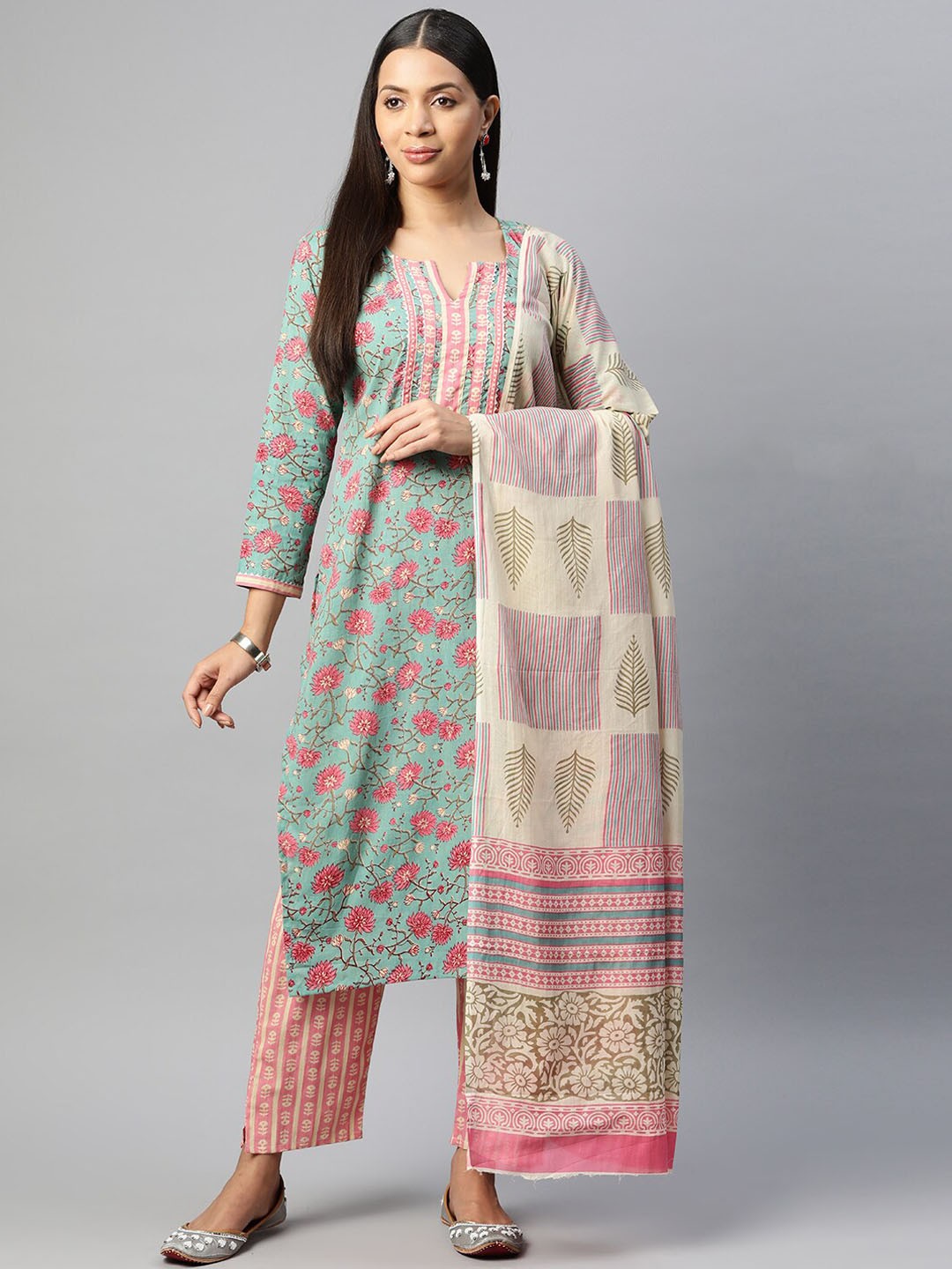 

KALINI Floral Printed Gotta Patti Pure Cotton Straight Kurta & Trouser With Dupatta, Green