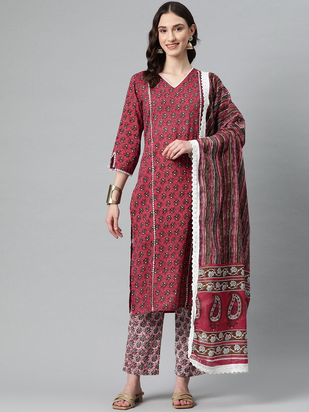 

KALINI Ethnic Motifs Printed Pure Cotton Straight Kurta & Trouser With Dupatta, Red