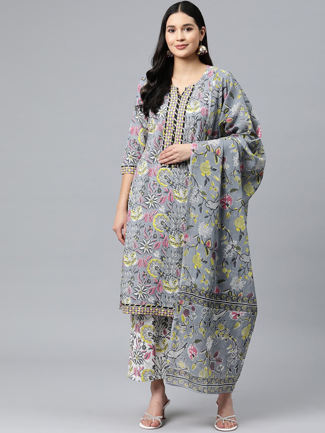 

KALINI Floral Printed Pure Cotton Straight Kurta With Palazzos & Dupatta, Grey