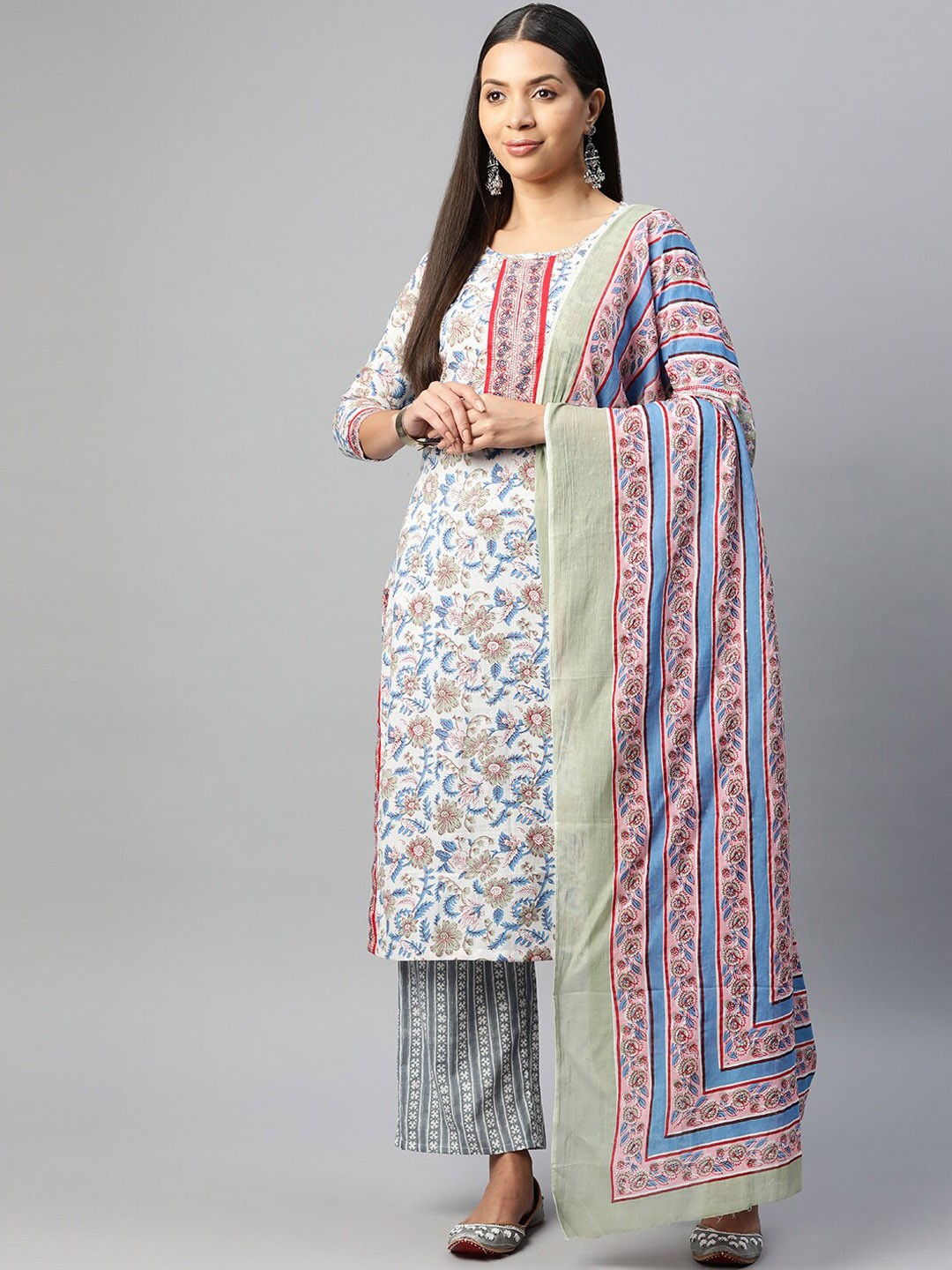 

KALINI Ethnic Motifs Printed Pure Cotton Straight Kurta With Trousers & Dupatta, White