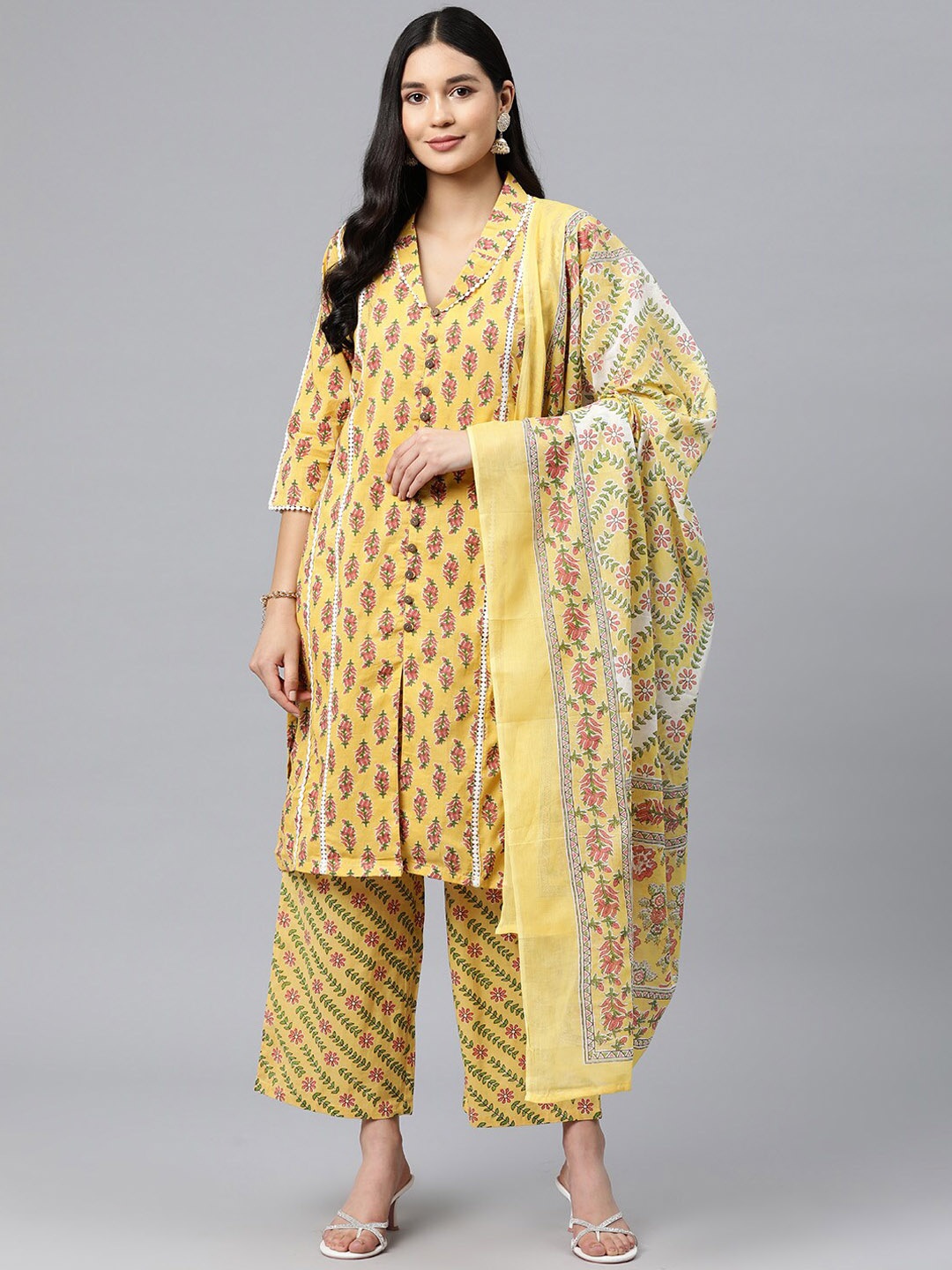 

KALINI Ethnic Motifs Printed Panelled Pure Cotton Straight Kurta with Trousers & Dupatta, Yellow