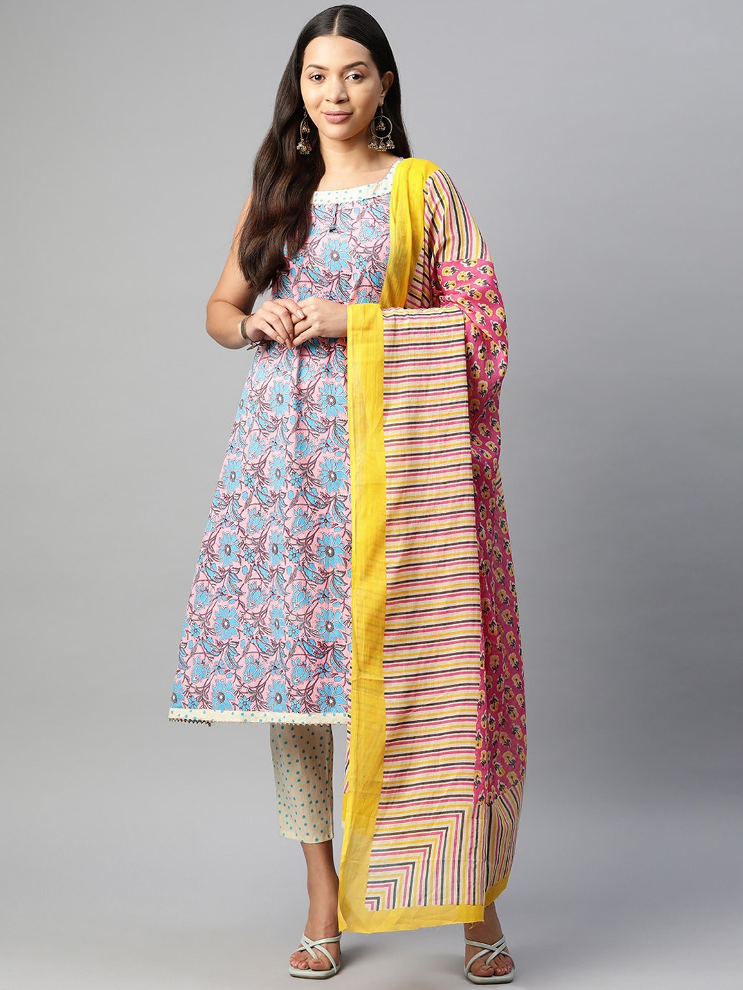 

KALINI Ethnic Motifs Printed Regular Pure Cotton Kurta with Trousers & With Dupatta, Blue