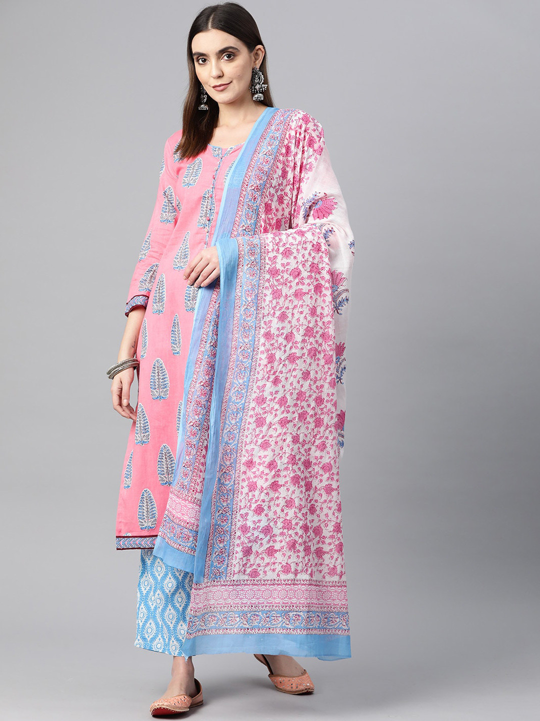 

KALINI Ethnic Motifs Printed Regular Pure Cotton Straight Kurta with Trousers & Dupatta, Pink