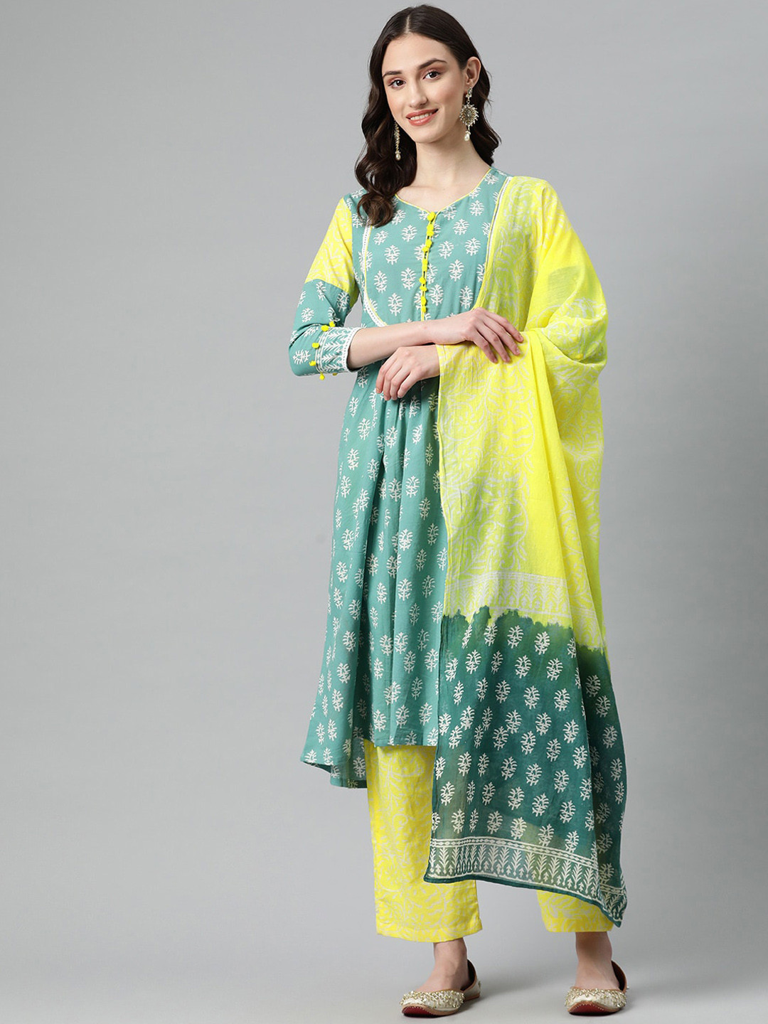 

KALINI Ethnic Motifs Printed Pure Cotton Kurta With Trousers & Dupatta, Green
