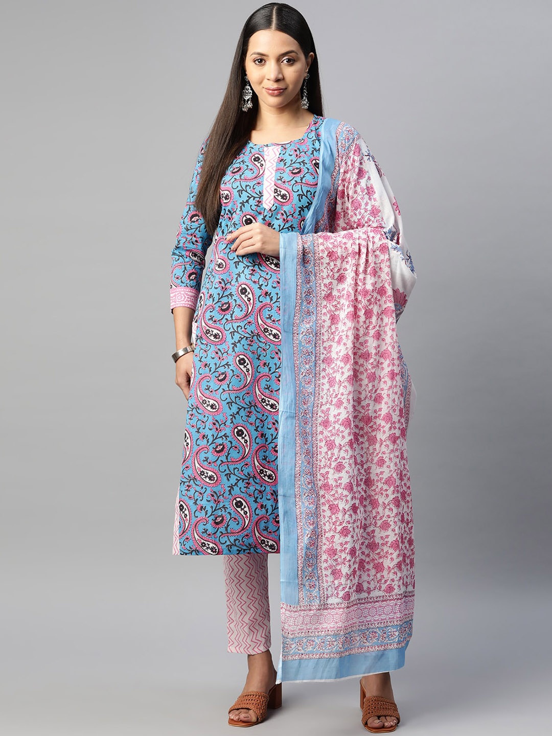 KALINI Paisley Printed Pure Cotton Straight Kurta & Trousers With Dupatta, Blue