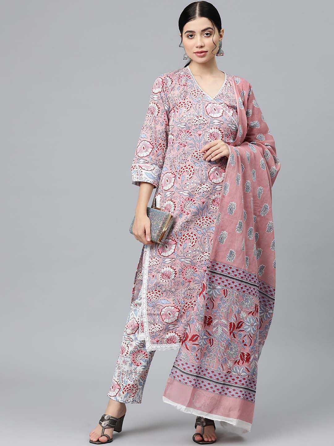 

KALINI Floral Printed Pure Cotton Straight Kurta & Trousers With Dupatta, Pink