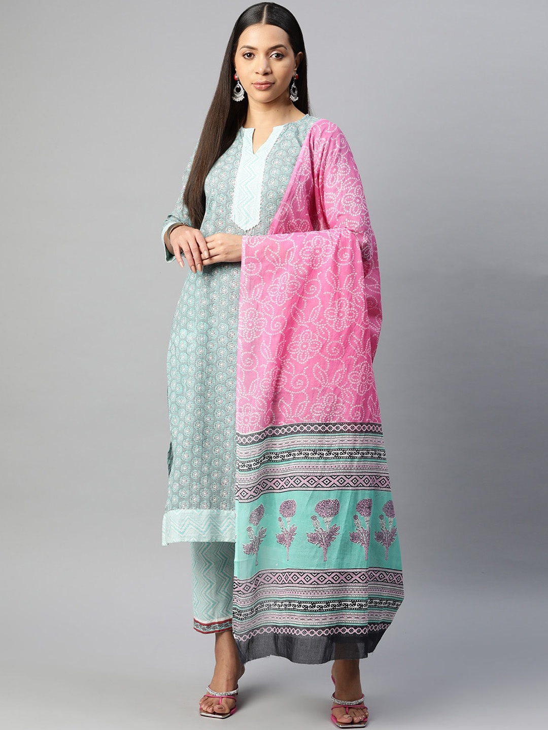 

KALINI Floral Printed Gotta Patti Pure Cotton Straight Kurta & Trousers With Dupatta, Green