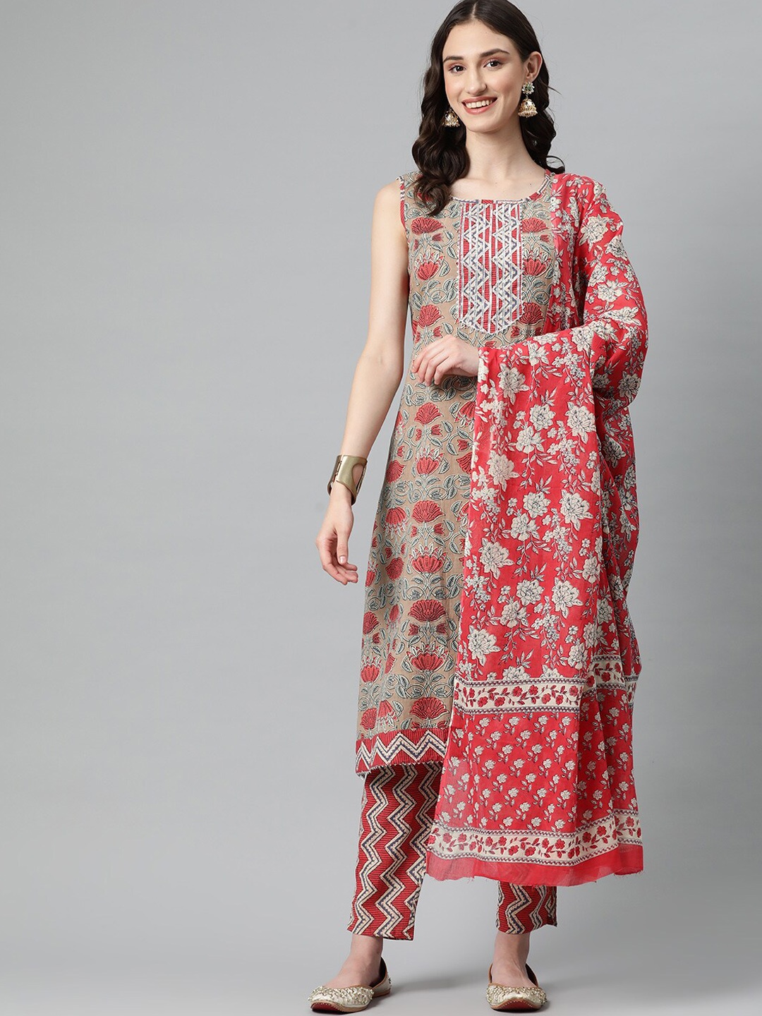 

KALINI Floral Printed Gotta Patti Pure Cotton Straight Kurta & Trousers With Dupatta, Khaki